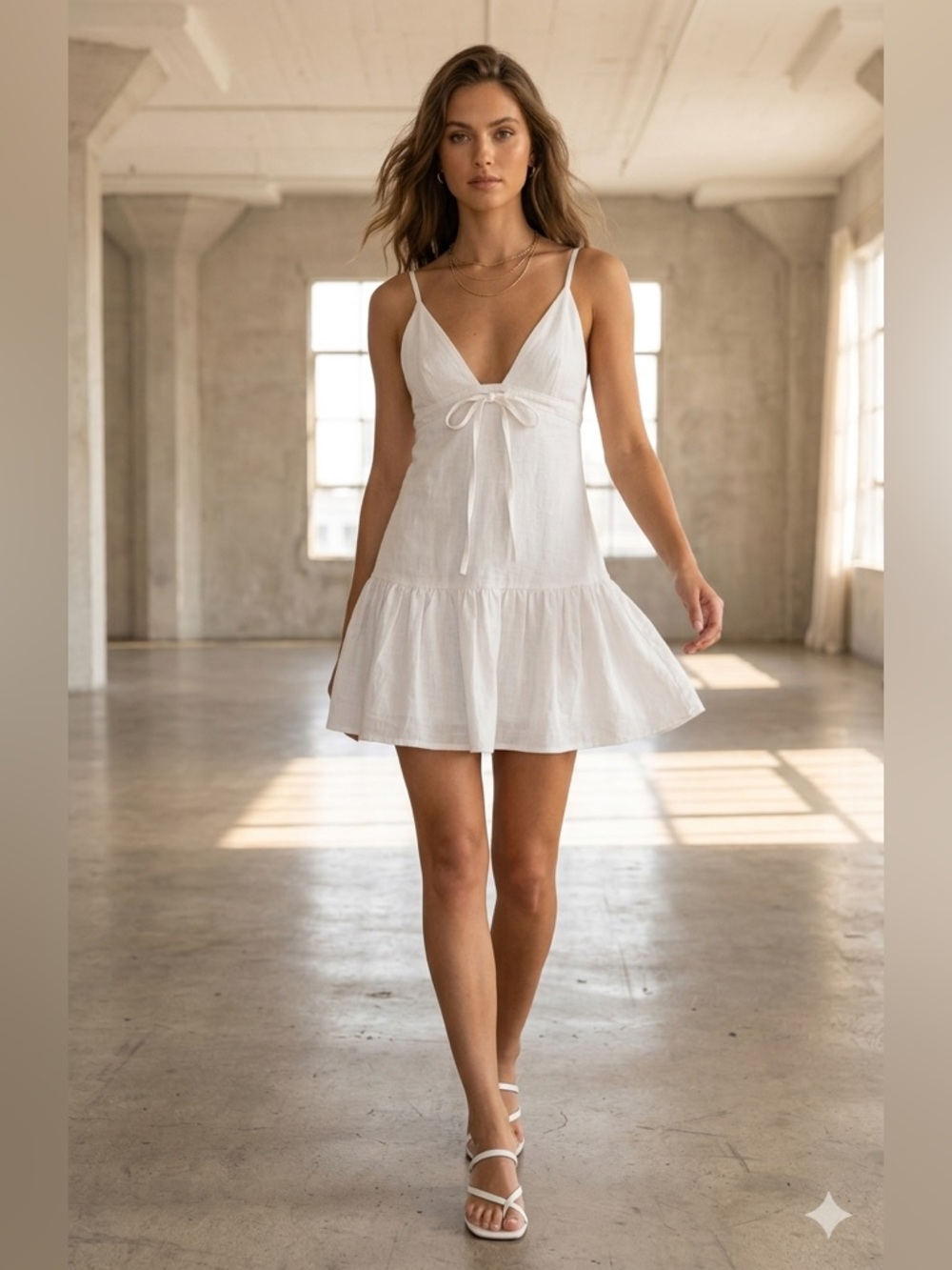 White Cross Back Slip Dress Women's Mini Linen-Look Ruffle Hem XS